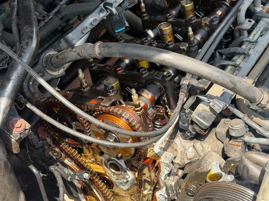 Timing chain and cam gears exposed during a gasket repair